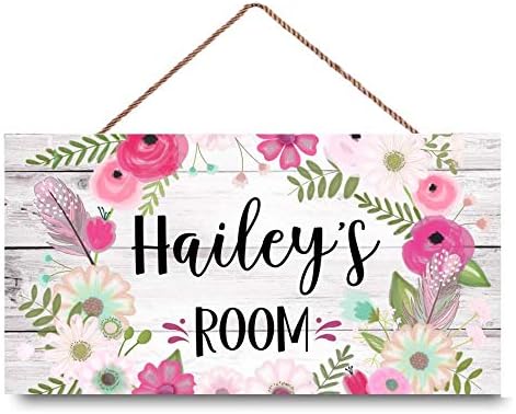 Personalized Name Pink Floral Wreath Girls Bedroom Baby Nursery Door Sign Custom Wood Plaque Sign Décor
