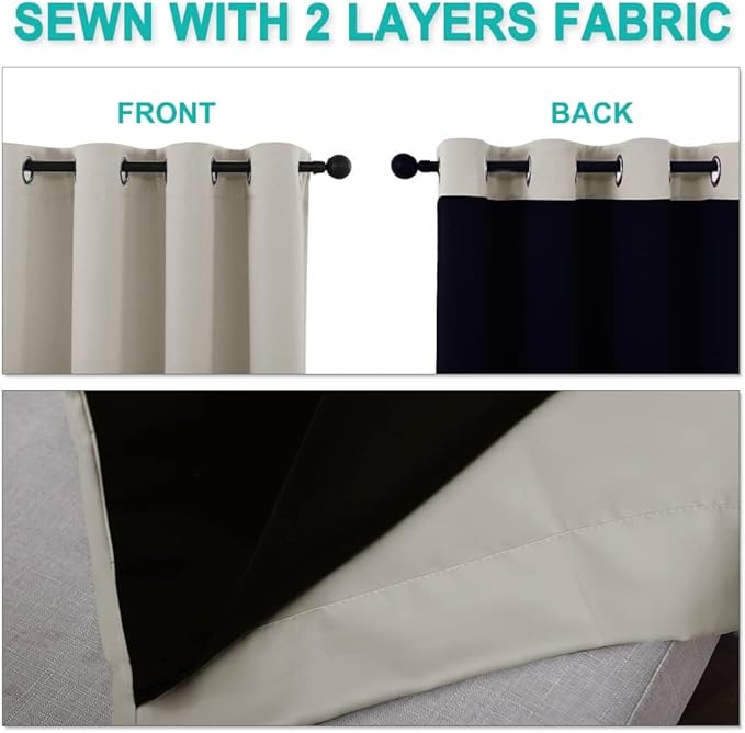 NICETOWN Natural Blackout Curtains 70 inches Long, 2 Pieces, 37" Wide Each Panel, Full Light Blocking Drapes with Black Liner for Nursery, Noise Reducing Thermal Insulated Draperies for Doorway