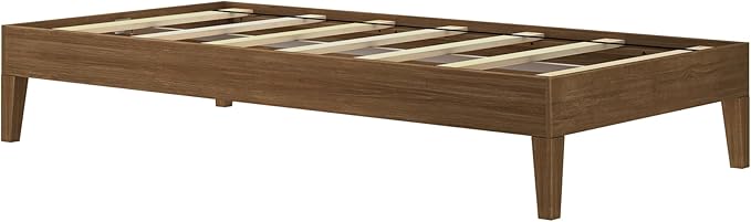 Max & Lily Fundamental Twin Platform Bed Frame, Kids Modern Solid Wood Bed, Strong Wooden Slats, Non-Toxic Finishes, Matte Walnut