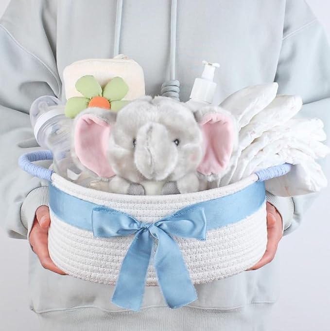 Yimi's Dream Basket for Gifts, Small Cute Shelf Baskets for Babies, Wedding, Birthday, White Rope Baskets with Blue Handle for Home Decor(Oval, 12"x 8"x 5")