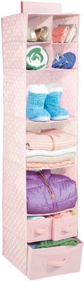 mDesign Fabric Hanging Organizer - Over Closet Rod Storage with 7 Shelves and 3 Removable Drawers for Baby Nursery Bedroom Organization - Holds Clothes, Toys, Accessories - Pink/White Polka Dot