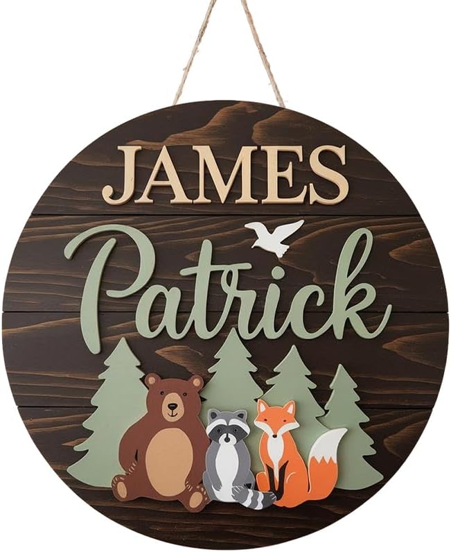 Personalized Name for Nursery Wall, Bear Fox Raccoon Sign for Baby Door Decor, Newborn Gifts for Boy, Boys Nursery Wall Bedroom Decorations, Mother's Day Gifts for New Mom Dad Gift
