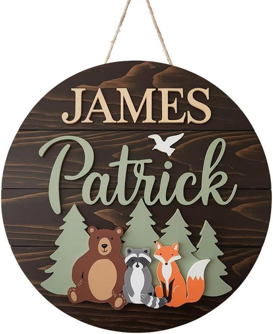 Personalized Name for Nursery Wall, Bear Fox Raccoon Sign for Baby Door Decor, Newborn Gifts for Boy, Boys Nursery Wall Bedroom Decorations, Mother's Day Gifts for New Mom Dad Gift
