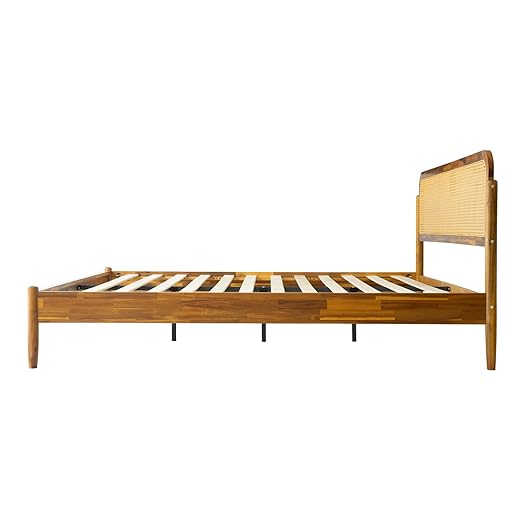 King Size Bed Frame Solid Wood Platform Bed with Headboard & Footboard, 12 Sturdy Slatted Base, Metal Legs, No Box Spring Needed, Noise-Free & Slip-Free, Easy Assembly, Acacia Honey Finish, JMK-38