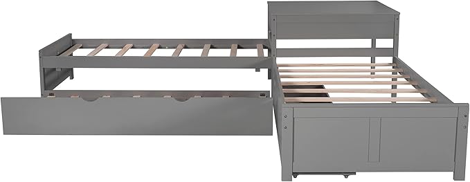 Harper & Bright Designs L-Shaped Platform Bed Frame with Trundle and Drawers Linked with Built-in Desk for Kids Boys Girls, Twin, Gray