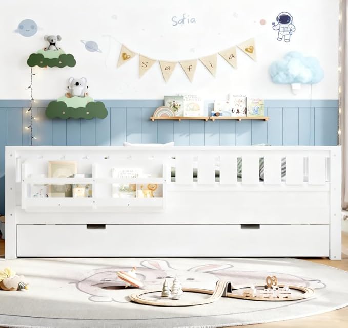 Bellemave Full Size Kids Bed with high Rails and with Built-in Bookshelf and Trundle for Kids, Girls, Boys, Wood Montessori Bed Without Door, White