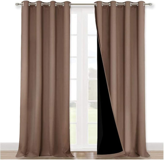 NICETOWN 100% Blackout Curtains Thermal, Noise Reduction and Privacy Curtains for Patio Door, Black Lined Blackout Drapes with Grommet Top, Cappuccino, 1 Pair, W52 x L102