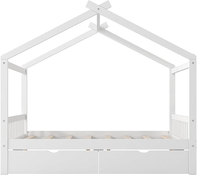 Harper & Bright Designs Full Size House Bed Frame for Kids, Wood Playhouse Platform Bed Frame with Two Drawers and Fence, Roof Design, White