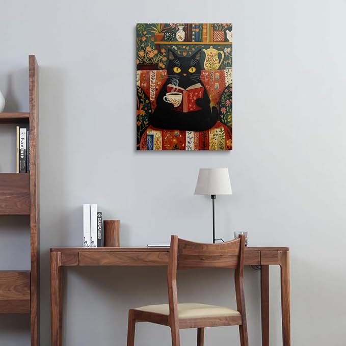 Funny Cute Black Cat Picture Wall Decor Framed Animal Reading Book Drinking Coffee Vintage Canvas Wall Art Rustic Flower Prints Poster Retro Floral Painting for Living Room Bathroom Bedroom (12"x16")