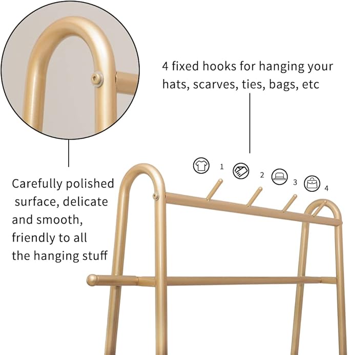Gold Clothing Rack Freestanding Industrial Garment Rack with Double Shelves Heavy Duty Metal Modern Clothes Rack Stand Multi-functional Coat Hanger Rack Stand for Boutiques Bedroom