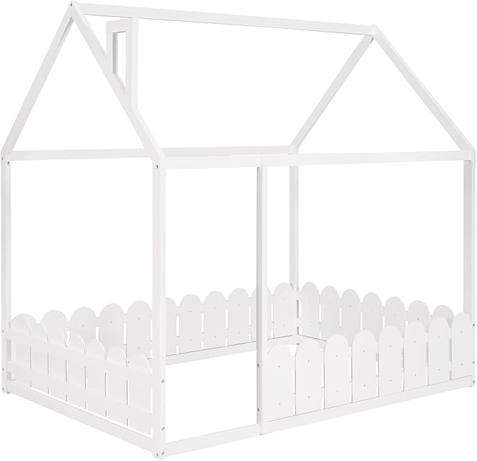 Bellemave Kids House Beds, Full Floor Bed with Fence Wood Cabin Bed Frame Can be Decorated for Teens, Girls, Boys, Adults, White