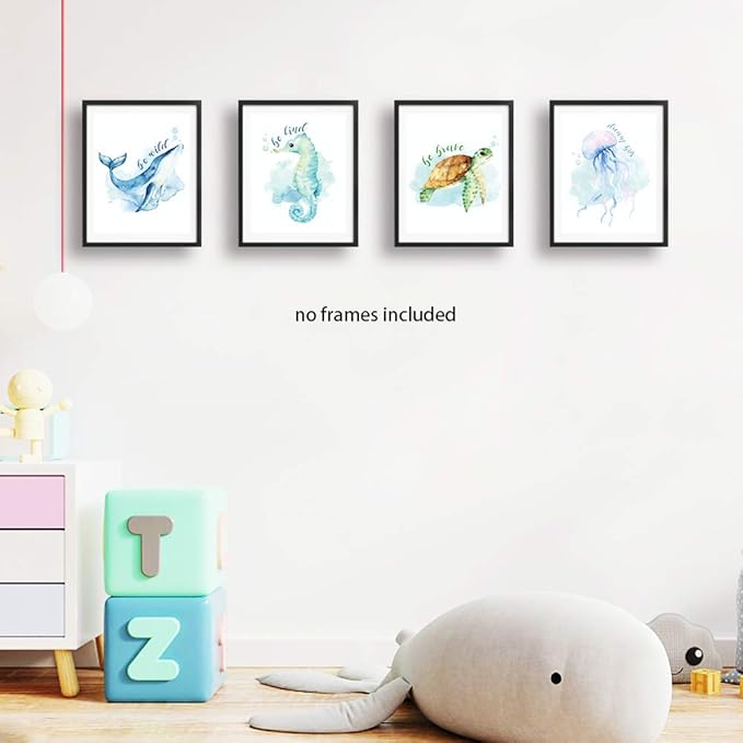 LONLONBANG Funny Watercolor Ocean life Quotes Art Print, Picture Poster for Nursery Kids Girls Bedroom Bathroom Home Decor, Sea turtle sea horse jellyfish whale, Set of 4 8X10 inch, No Frame