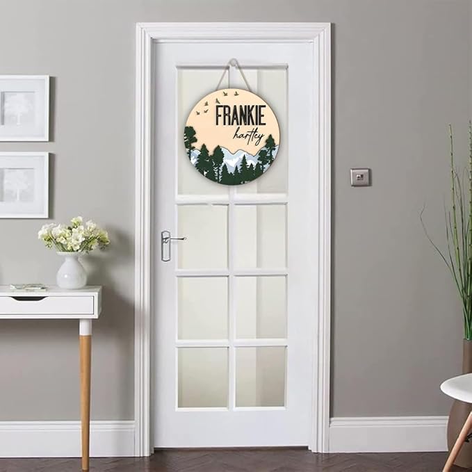 Custom Door Hanger with Name – Forest and Mountain Wooden Sign for Nursery – Boys Room Wall Art, Baby Room Decor, Personalized Wood Circle Name Plaque