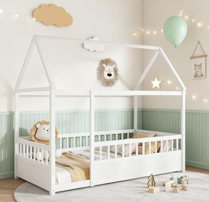 Bellemave Full House Bed for Kids, Wooden Kids bedframe with Rails and Storage, Montessori Floor beds with high guardrail Without slats, White