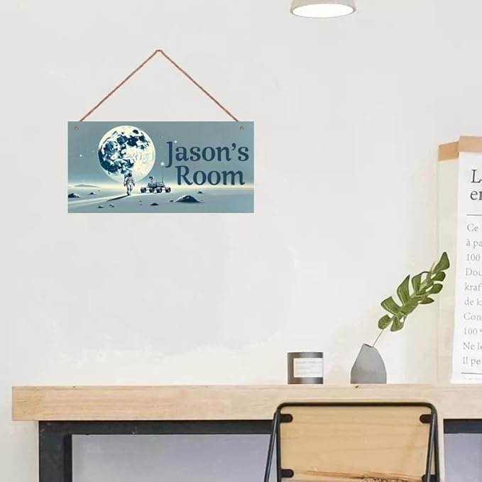 Personalized Name Door Sign Astronauts on the Moon Décor Wall Art Sign, Custom Wooden Signs Girl Name Hanging Décor For Kid Room