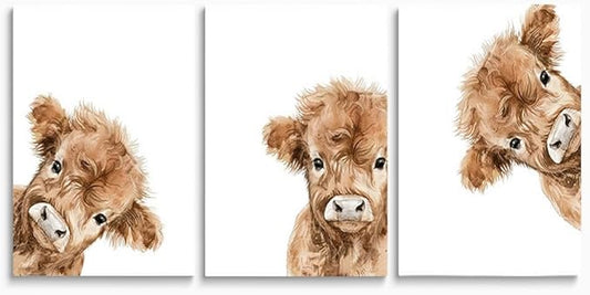 Peeking Cow Nursery Wall Art, Cute Highland Cow Print, 3 Piece Watercolor Baby Animal Nursery Wall Decor, Farmhouse Picture for Baby Boy Girl Room Decor, Framed Canvas Set, 12"x16"x3