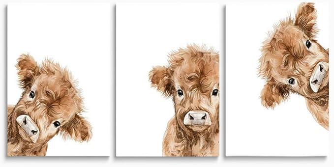 Peeking Cow Nursery Wall Art, Cute Highland Cow Print, 3 Piece Watercolor Baby Animal Nursery Wall Decor, Farmhouse Picture for Baby Boy Girl Room Decor, Framed Canvas Set, 16"x24"x3