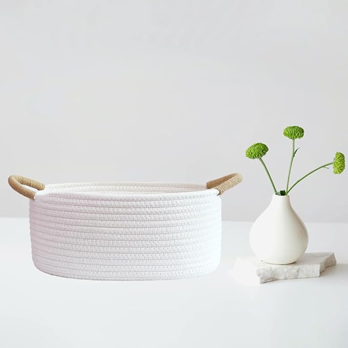 Yimi's Dream Gift Baskets Empty, Small Basket for Organizing, White Cotton Rope Basket with Handle for Decor, Baby Cat Dog Toy (Oval, 12"x 8"x 5")