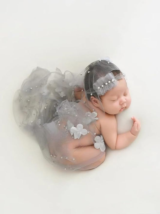 Newborn Baby Photography Props Blanket, Baby Photo Props Pearl Wrap Blanket Headband for Baby Boys Girls Photoshoot (Grey)