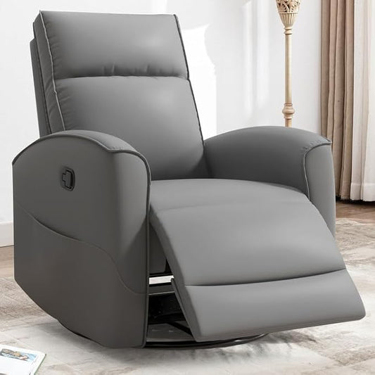 CANMOV Rocker Recliner Chair,360°Swivel Nursery Glider Recliner,Manual Recliner Sofa with Padded Armrest and Backrest,Leather Recliner for Small Spaces,Living Room,Bedroom (Grey)