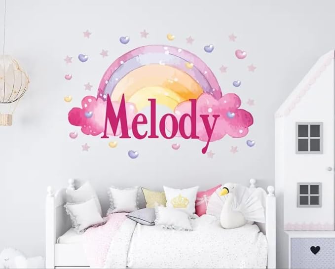 Rainbow Name Wall Decal for Kids Room – Personalized Name Wall Sticker for Nursery Bedroom Playroom – Custom Girl Room Decor with Rainbow Clouds Hearts and Stars – Baby Name Wall Art Vinyl Decal