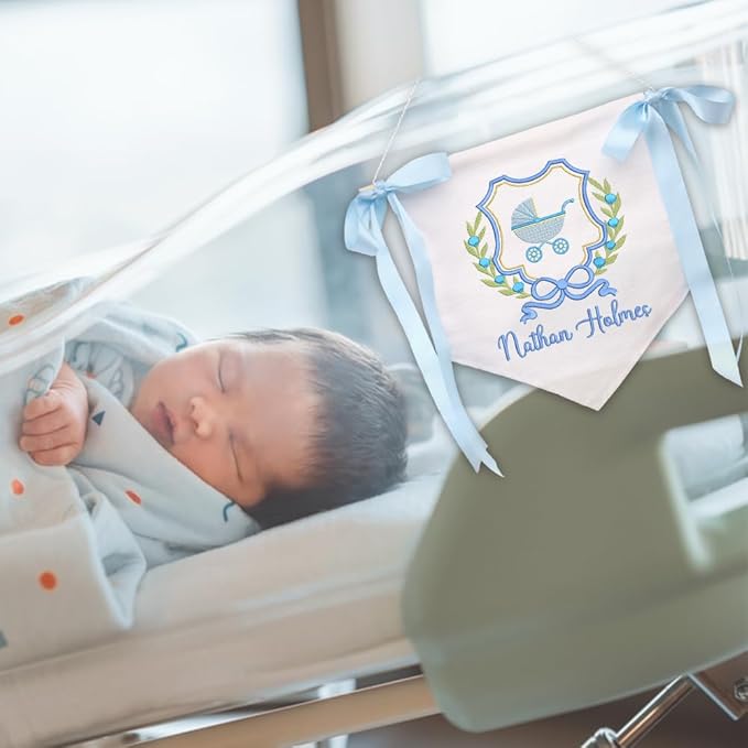 EMBROIDERED Name Baby Banner, Baby Flag with Monogram Name, Personalized Baby Name Sign, Customizable Baby Name, Baby Announcement Sign for Hospital (14)