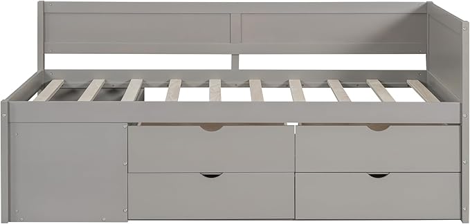 Twin Size Daybed with 4 Storage Drawers and Shelves, Wooden Twin Platform Bed Frame with L-Shaped Headboard and Slats Support, Corner Bed Twin Captain Beds for Kids Boys Girls Teens, Gray