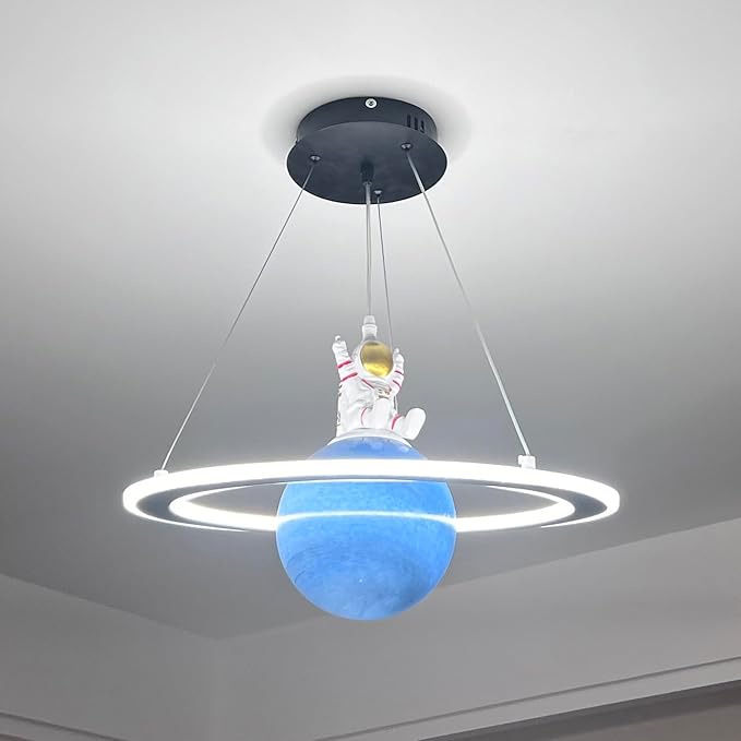 Astronaut Pendant Light with Glass Globe, Cute Planet Hanging Light Fixture, LED Cartoon Chandelier for Children's Bedroom Nursery