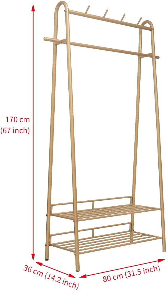 Gold Clothing Rack Freestanding Industrial Garment Rack with Double Shelves Heavy Duty Metal Modern Clothes Rack Stand Multi-functional Coat Hanger Rack Stand for Boutiques Bedroom
