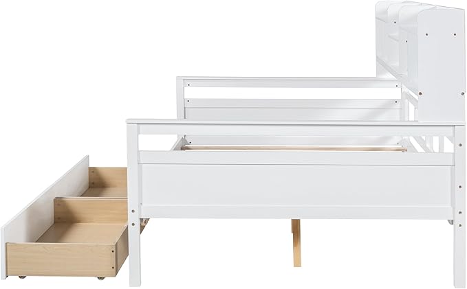 Harper & Bright Designs Full Daybed with Storage, Wooden Full Size Bed Frame with Bookcase Headboard and 2 Drawers, Full Sofa Bed with Shelves for Living Room Bedroom, No Box Spring Need, White