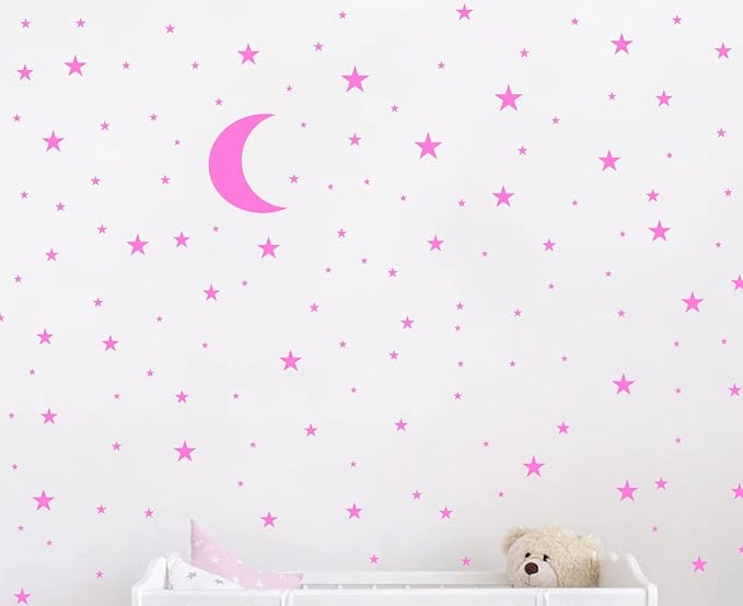 Moon and Stars Wall Decal Vinyl Sticker for Kids Boy Girls Baby Room Decoration Good Night Nursery Wall Decor Home House Bedroom Design YMX16 (Pink)