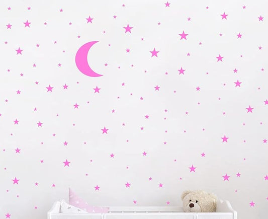 Moon and Stars Wall Decal Vinyl Sticker for Kids Boy Girls Baby Room Decoration Good Night Nursery Wall Decor Home House Bedroom Design YMX16 (Pink)