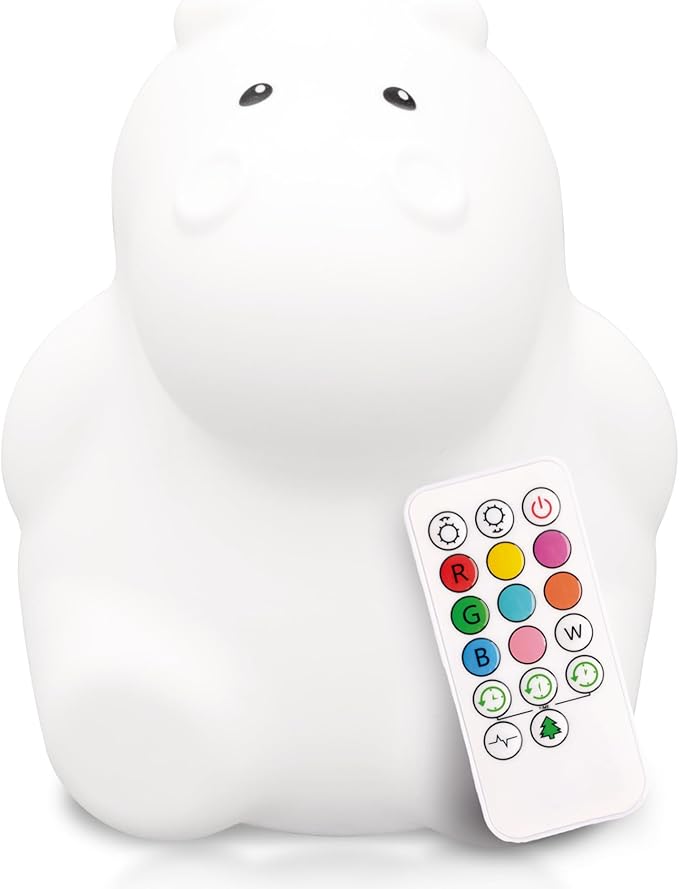 LumiPets Honey the Hippo Silicone Night Light for Kids | Squishy Lamp with Tap & Remote Control | Rechargeable, 9 Color Changing Animal Night Light for Boys & Girls | Portable Nightlight With USB Cord