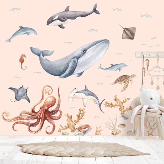 Ocean Wall Stickers & Shark Decals – Fish Stickers and Ocean Wall Stickers for Nursery Baby Kids Bedroom Bathroom, Medium Set (36″ W × 36″ H) 50 Pcs