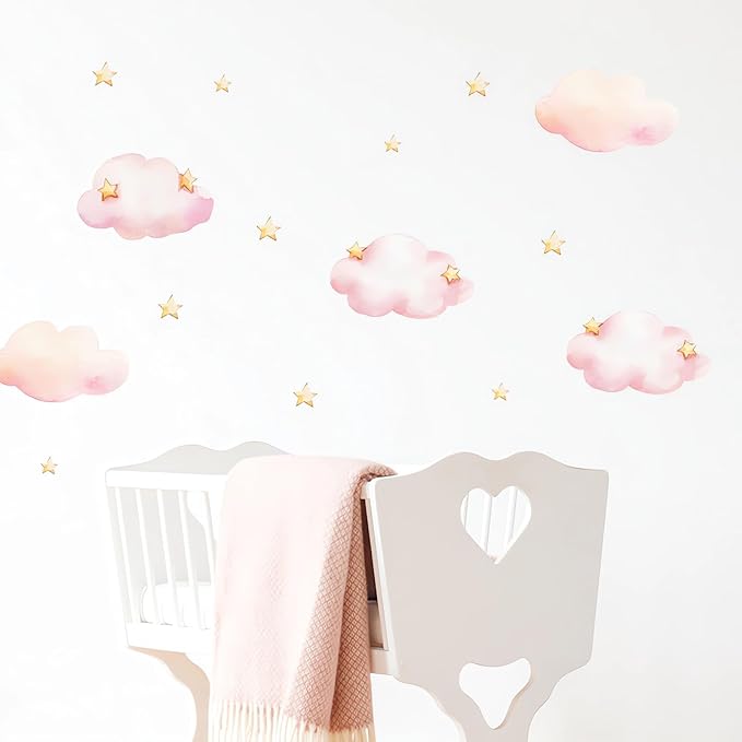 Pink Clouds and Stars Wall Stickers, sacinora Cartoon DIY Art Wall Decals Removable Vinyl Peel and Stick for Kids Baby Nursery Living Room Bedroom Children's Room Playroom Decorations