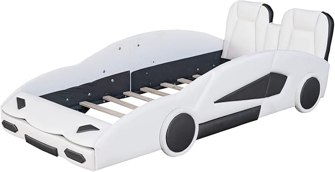 Harper & Bright Designs Twin Size Race Car-Shaped Platform Bed with Wheels, White