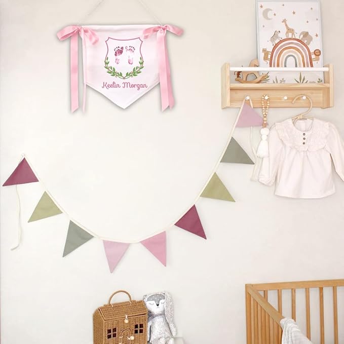 EMBROIDERED Name Baby Banner, Baby Flag with Monogram Name, Personalized Baby Name Sign, Customizable Baby Name, Baby Announcement Sign for Hospital (04 - footprint)