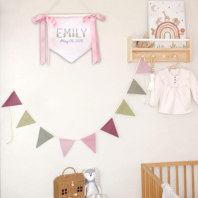Embroidered Baby Name Sign Personalized Baby Announcement Sign Newborn Baby Banner with Bows Baby Hospital Name Sign Canvas Hanging Pennant Flag Custom Infant Baby Name Baby Shower Banner (09)