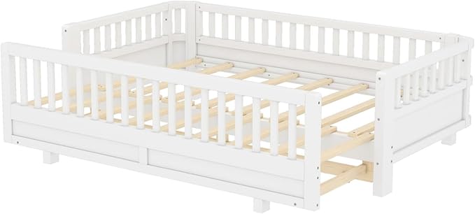 KEIKI Solid Wood Expandable Twin XL Size Floor Bed for Kids with Guardrails, Can Be Converted into a Queen Bed Platform, Montessori Low Profile Bedframe Daybed for Girls Boys, No Box Spring Needed