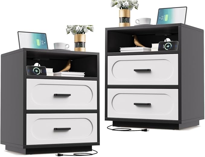 Nightstands Set of 2 with Charging Station, 25.8" Tall Wide Bedside Table with 2 Storage Drawers & Open Shelf, Mid Century Modern Wood End Table for Bedroom, Living Room, Black/White