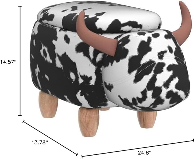 Home 2 Office Cow Ottoman for Kids' Bedroom, Playroom, Nursery, and Living Room, Animal Ottoman with Storage, Footstool for Kids, Black/White