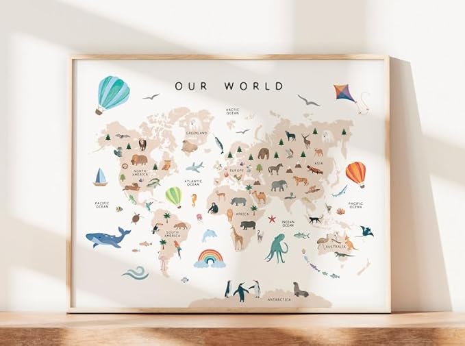 OZCONO Animal World Map Poster, Kids Educational Geography Decor, Safari Animals Nursery Art, Montessori Learning Wall Print (Unframed) (24x36)