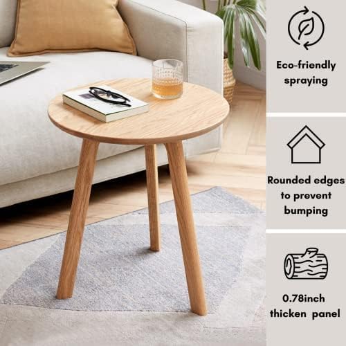 100% Solid Oak Round Side Table, Small Side Table for Small Spaces, 3-Legged Living Room End Tables with Stable Frame for Bedroom Couch Side Entryway, Natural