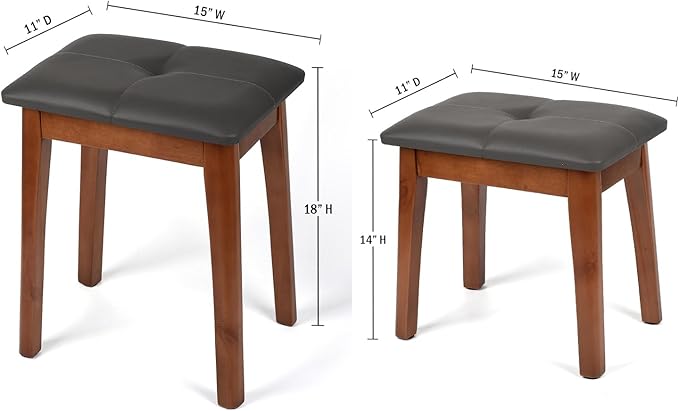 Solid Wood Vanity Stool, 18" H - Wooden Ottoman Chair Small Bench Seat for Bedroom/Living Room/Office/Makeup Vanity/Closet/Desk - Dark Grey