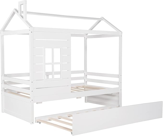 Merax House Bed with Trundle, Window and Roof, Twin Size Wood Bunk Bed Daybed Can be Decorated for Girls, Boys (White)