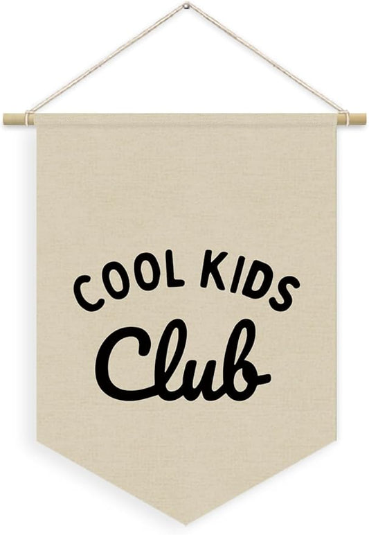 Kids Room Decor, Cool Kids Club Linen Canvas Banner, Neutral Minimalist PlayRoom Wall Hanging Pennant Flag Banner for Nursery Toddler Room Bedroom Decor, 15x11in