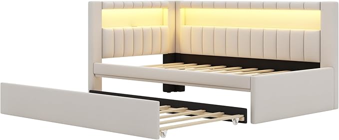 Twin Size Soft Daybed with Trundle, Storage Shelves and LED Belt, Linen Upholstered Corner Bed with L-Shaped Bookshelf Headboard and USB Charger for Kids Boys Girls, White
