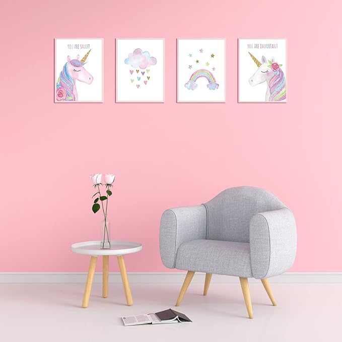 Watercolor Unicorn Nursery Wall Art Girls Room Decor Inspirational Rainbow Flower prints Baby Girls Room Poster Colorful Picture Cute Paintings for Kids Room Lovely Gift (8x10 inch，Set of 4，Unframed)