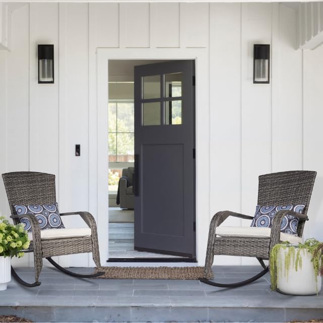 Outdoor Rocking Chair, Rattan Patio Rocker Chairs with Cushions and Steel Frame, Outdoor Rocker Chair with 2 Replaceable Cushion Covers, Rocking Chair for Porch Garden Backyard
