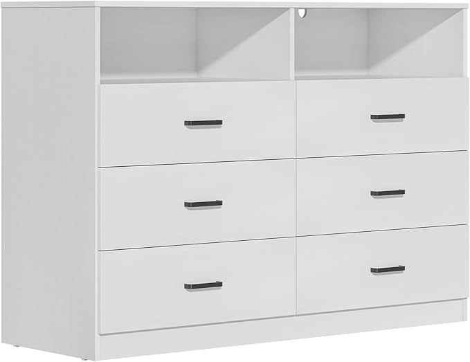 Bigbiglife 6 Drawers Dresser for Bedroom with Open Storage Cubby, Double Wide Dresser Organizer for Bedroom, Living Room, Entryway, Hallway (White)